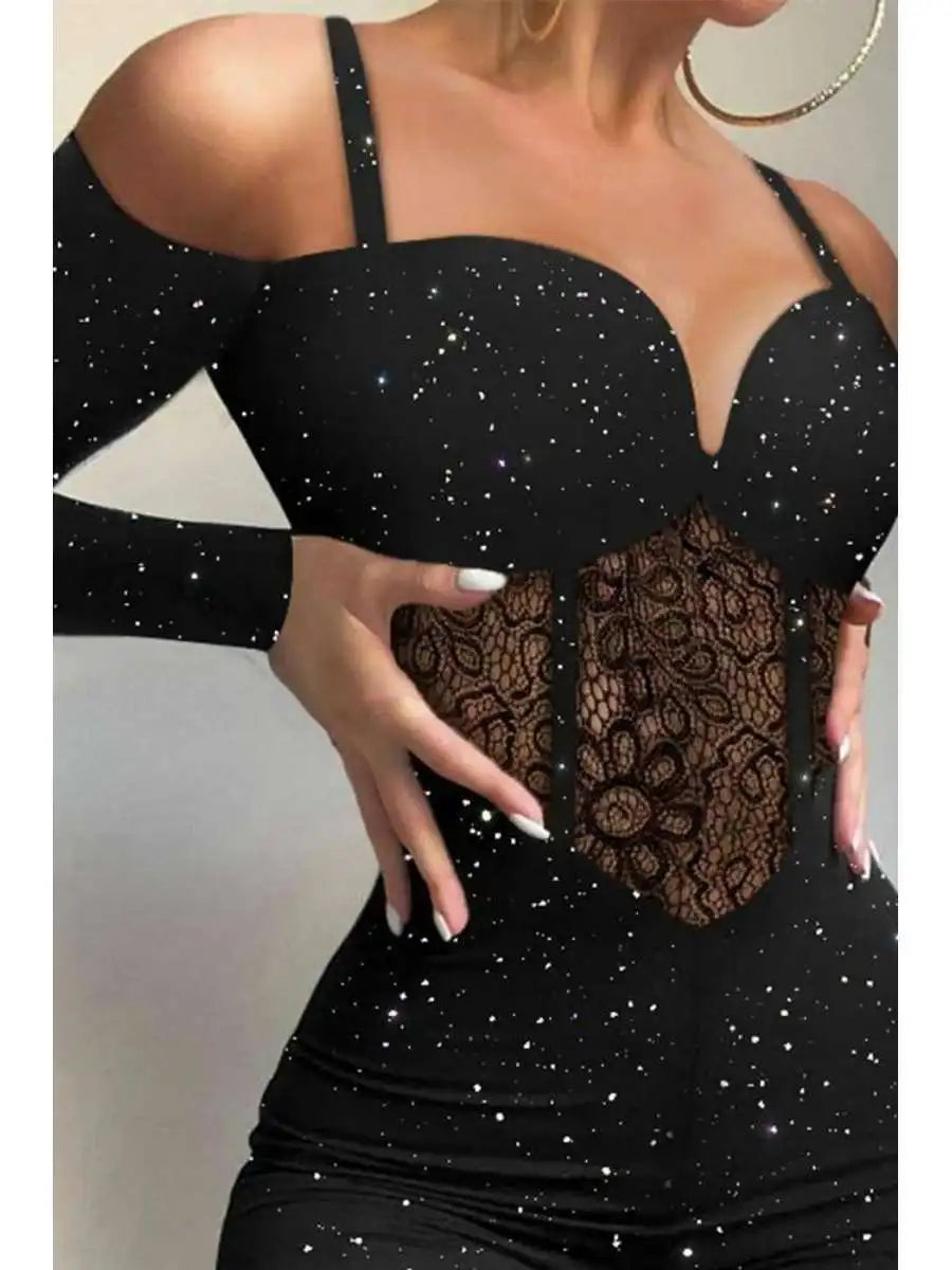 Fashionable Lace Hollow out One-Piece Pants Glittering Knitted Fabric Strap One-Piece Pants mid Waist Nine Points Pants