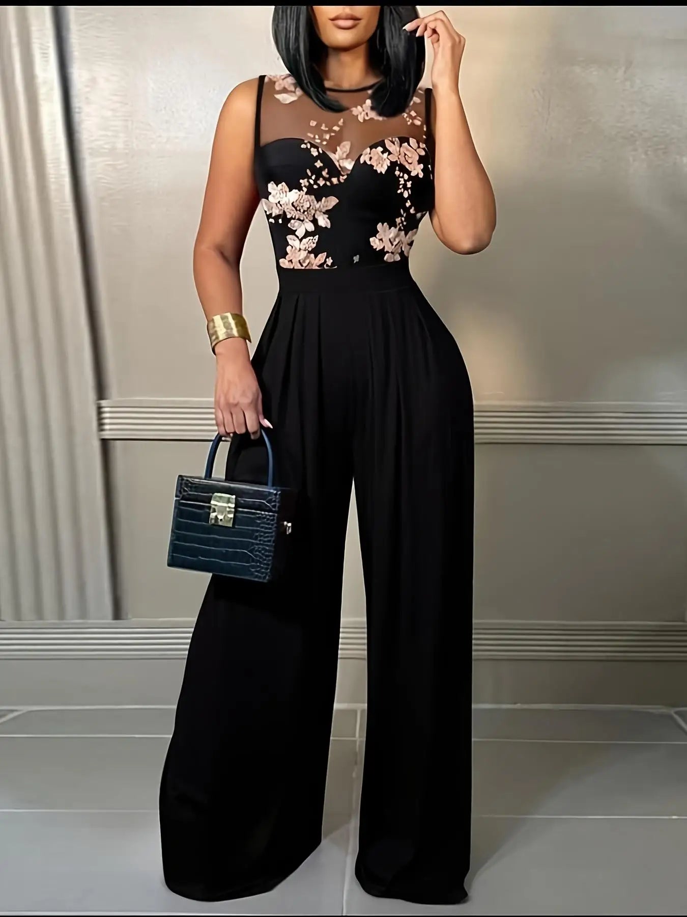 Women's Black Jumpsuit with Sheer Floral Embroidered Top Wide Leg Design Ideal for Evening Galas Cocktail Parties Formal Events - JN Fashion Fusion