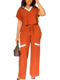 Elegant Women's Casual Short Sleeve T-shirt Sports Suit Summer Fashion Solid V Neck Short Top & Straight Pants Two Piece Sets - JN Fashion Fusion