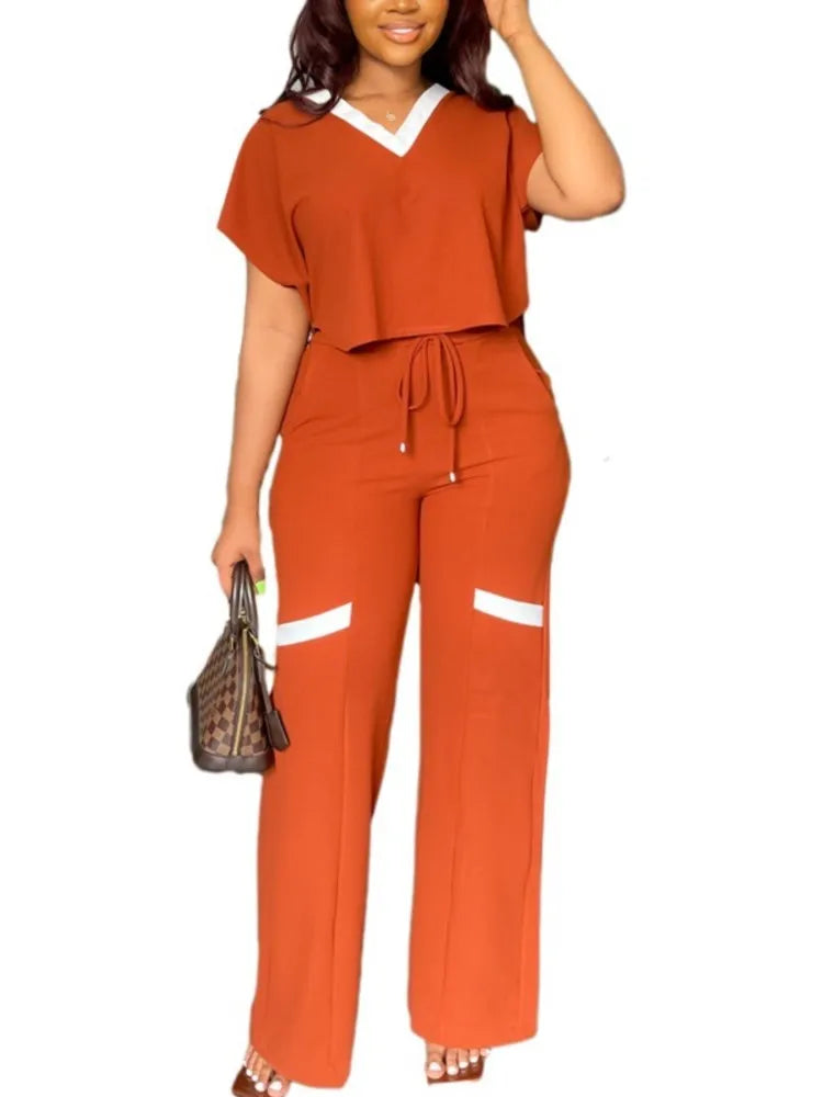 Elegant Women's Casual Short Sleeve T-shirt Sports Suit Summer Fashion Solid V Neck Short Top & Straight Pants Two Piece Sets - JN Fashion Fusion