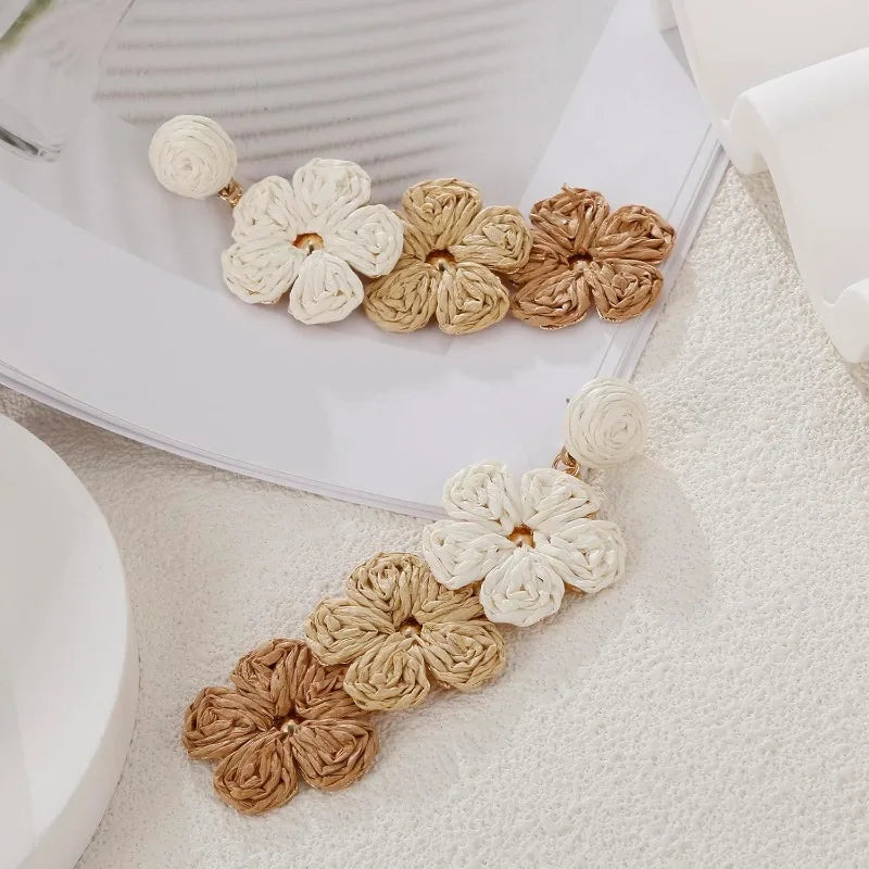 Raffia Flower Earrings for Women Mom, Raffia Straw Wrapped Flower Drop Dangle Earrings Summer Tropical Beach Jewelry Gifts - JN Fashion Fusion
