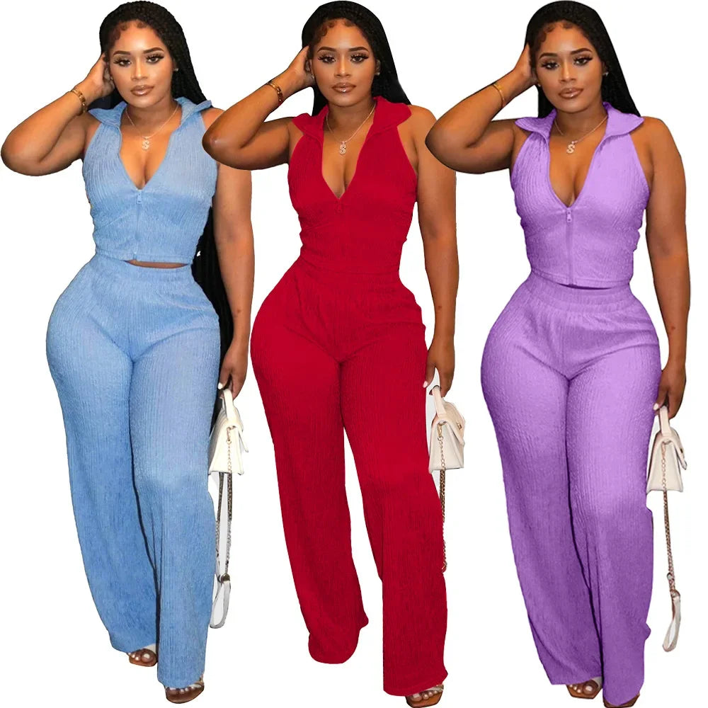 Women's Two-piece Lapel Sleeveless Top Pleated Casual Pants Set for Summer 2025 - JN Fashion Fusion