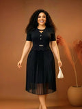Summer 2026 Fashion Pleated Crew Neck Splicing Slim Skinny Dress Medium and Long Pleated Dress Women's Clothing