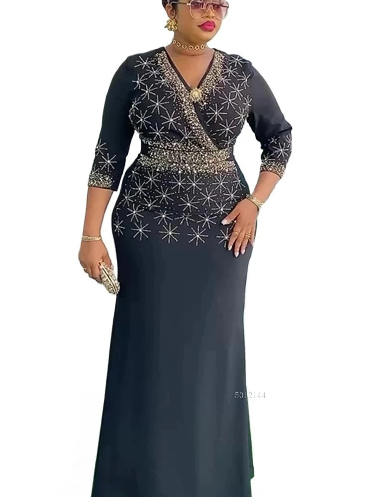 African Dresses for Women Summer African Long Sleeve V-neck Velvet Black Blue Long Dress Dashiki African Clothes Maxi Dress