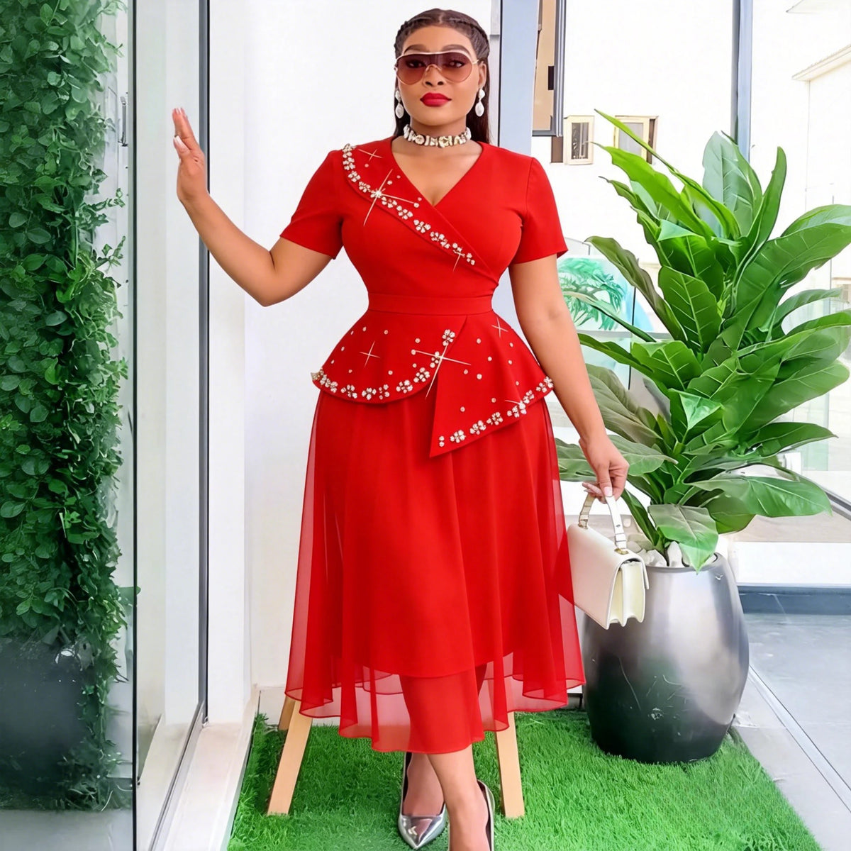 Elegant red women’s A-line festival dress with V-neck, short sleeves, beading, peplum, mesh hem, perfect for parties and weddings.