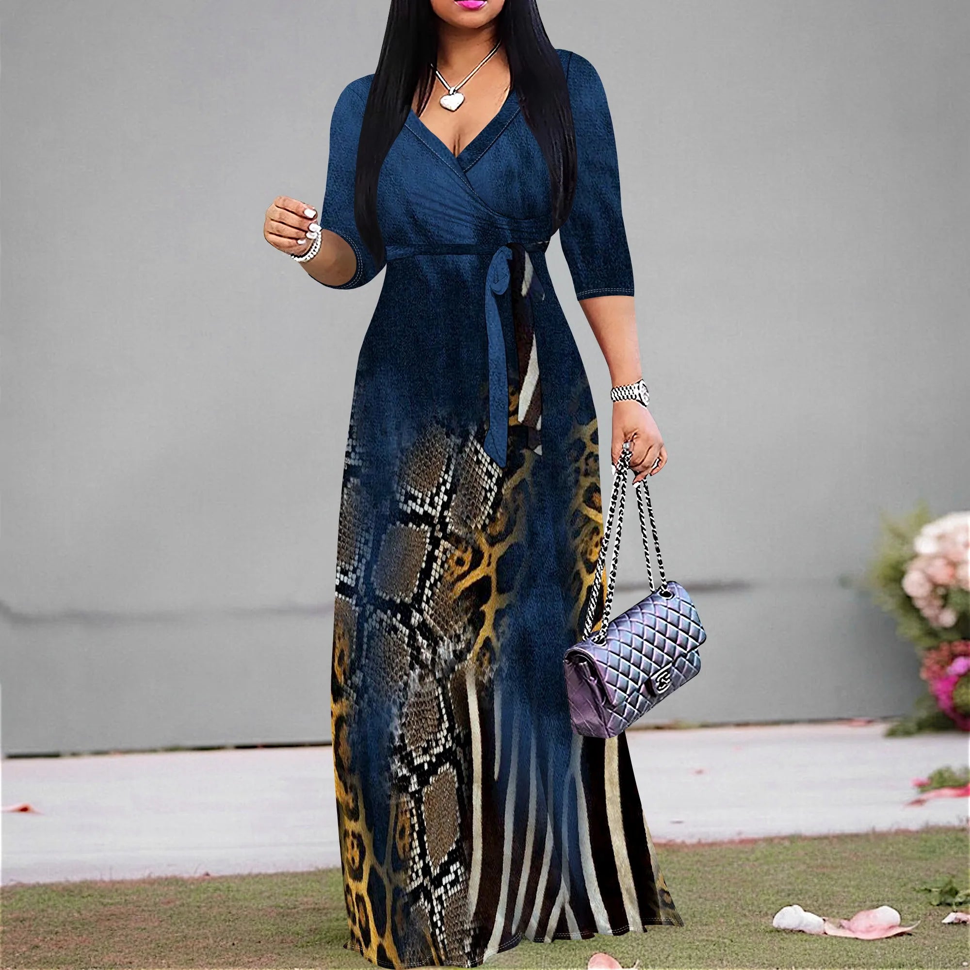 Women's 3/4 Sleeve V Neck Women With Pocket and Bel Long Dress Fashion Printed Split Hem Club Party Casual Vacation Maxi Dress - JN Fashion Fusion