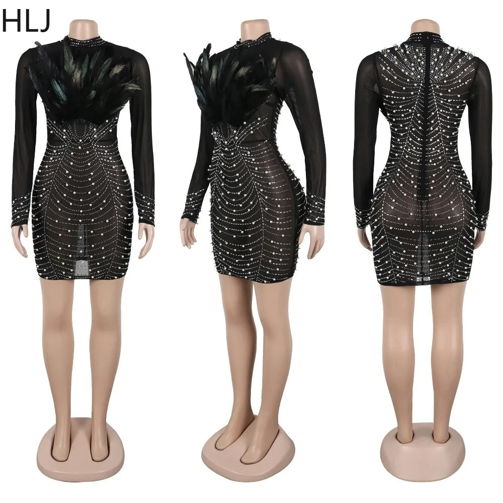 HLJ Black Fashion Feather Splicing Pearls Rhinestone Bodycon Party Club Mini Dresses Women Round Neck Long Sleeve Slim Vestidos - JN Fashion Fusion