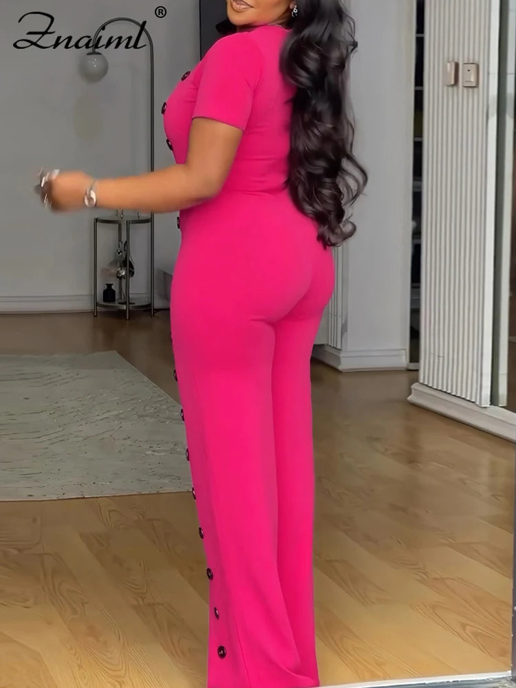 Znaiml Women Elegant Long Jumpsuits for Party Summer Short Sleeve Buttons Solid Color Wide Leg Pants Rompers One Pieces Overalls - JN Fashion Fusion