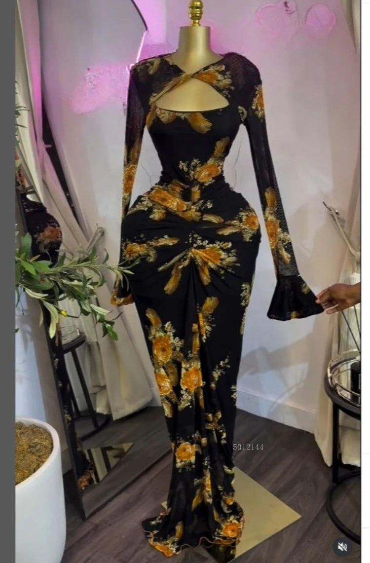 Sexy Women Floral Printed Wrap Neck Cutout Stacked Ruched Midi Bodycon Maxi Dress Sexy Parties Birthday Holiday Long Dresses - JN Fashion Fusion