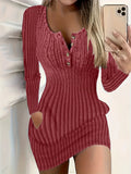 Fashion Long Sleeve Buttons Bodycon Dress Women Autumn Winter Knitted Ribbed Slim Sweater Sexy Mini Dresses For Women Robe Femme - JN Fashion Fusion