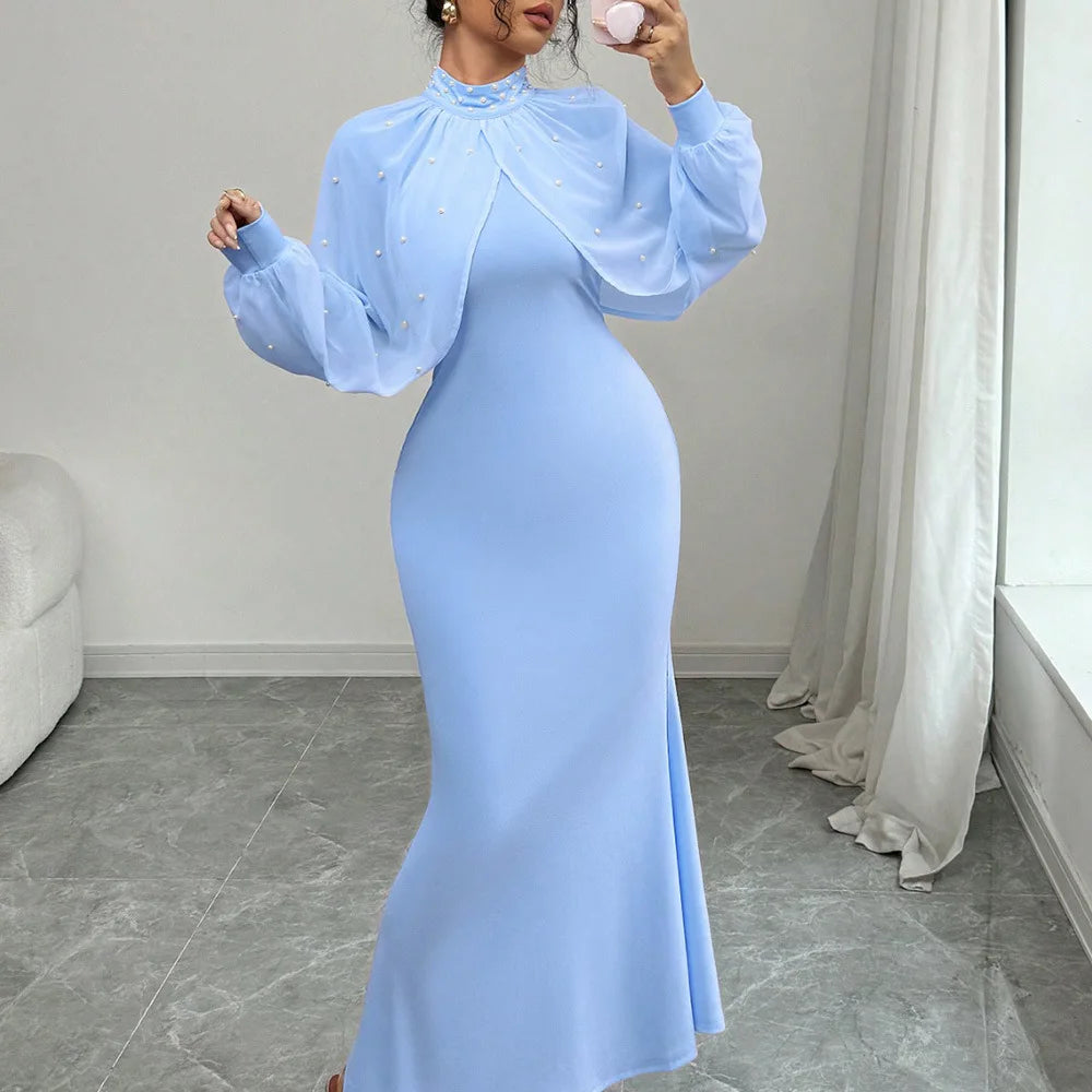 Women Dresses 2026 Spring Autumn New Solid Color Beading Decor Lace Splicing High Neck Long Sleeve Slim Hip Wrapping Long Dress - JN Fashion Fusion