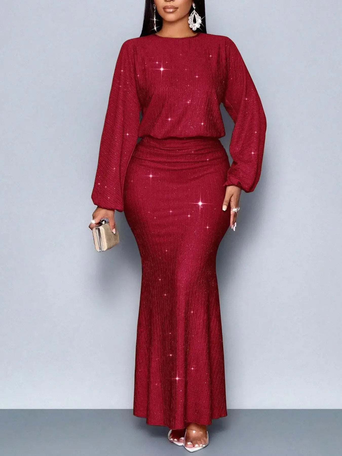 Fashion Shiny Women's Dress Spring Autumn O-neck  Long Sleeve Slim Hips Banquet Long Dress Female Pleated Party Fishtail Dresses - JN Fashion Fusion