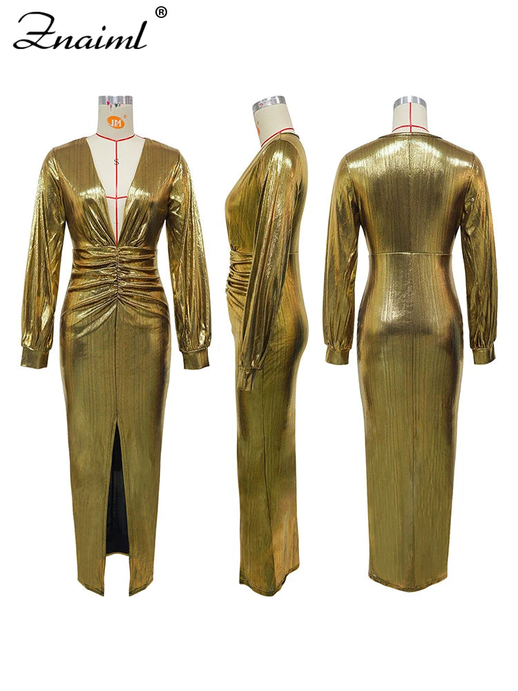Znaiml Sexy Deep V Neck Long Sleeve Ruffles Split Dress Women Bodycon Golden Metal  Elegant Christmas Party Birthday Event Robe