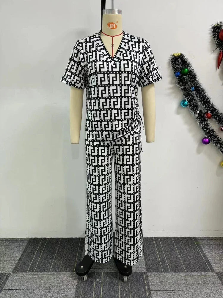 Pants Set Summer Women's Printed Two Piece Set Short Sleeve Round Neck Loose Pants AOMEI Fashion Pants Set