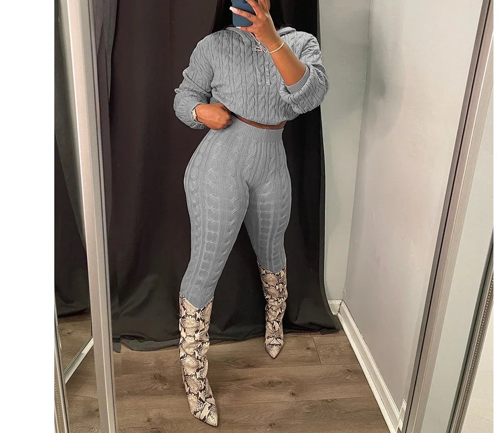 2 Piece Sets Womens Outfits Fashion Long Sleeve Cable Knit Hooded Sweater & Pants Suit Streetwear 2024 Autumn Winter Casual New - JN Fashion Fusion