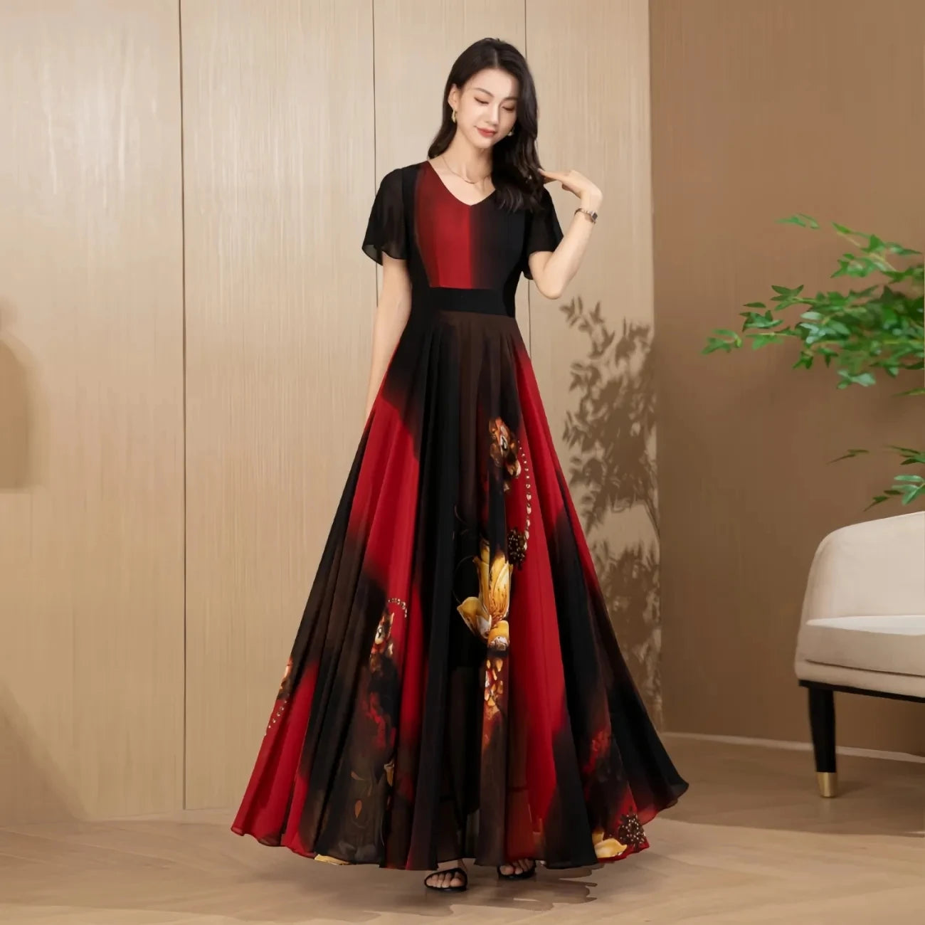 2026 New Chiffon Dress For Women Gentle Style Summer Covering The Belly Slimming Down Long Skirt Vp To The Ankle Big Swing Skirt
