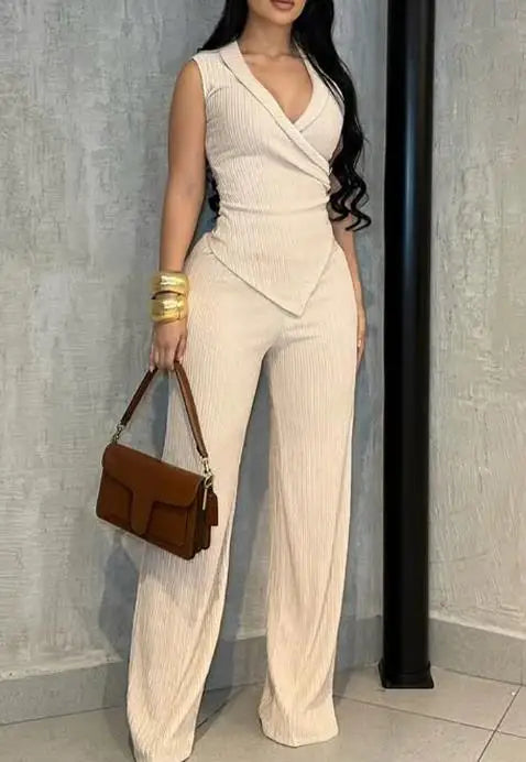 2 Pieces Overlap Deep V-Neck Sleeveless Side Button Decor Asymmetrical Hem Slim Fit Top Elastic Waist Wide Leg Pants Set Ribbed