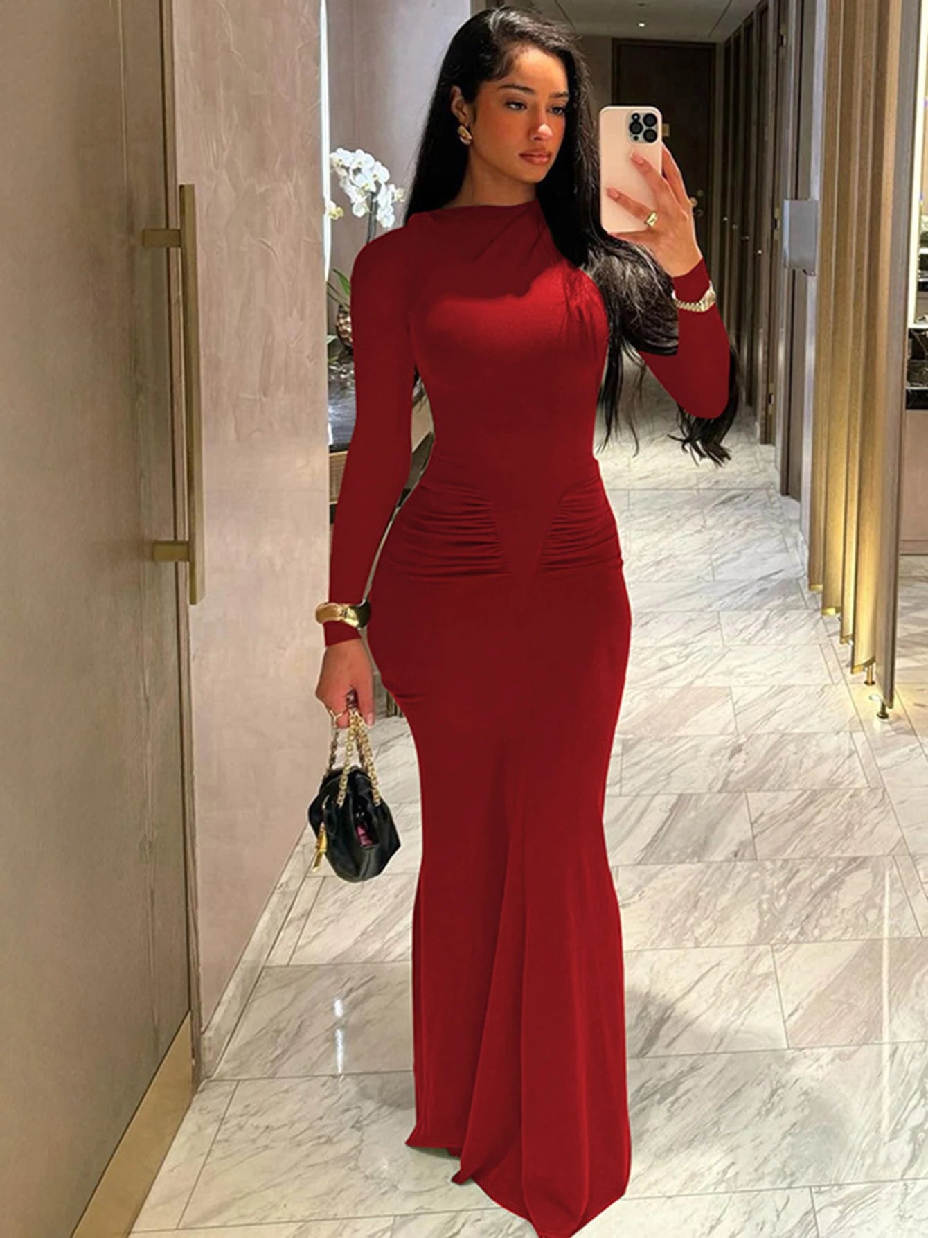 Hugcitar Autumn Solid Long Sleeve Draped Sexy Bodycon Maxi Prom Dress Women Fashion Y2K Outfits Evening Party Festival Club - JN Fashion Fusion