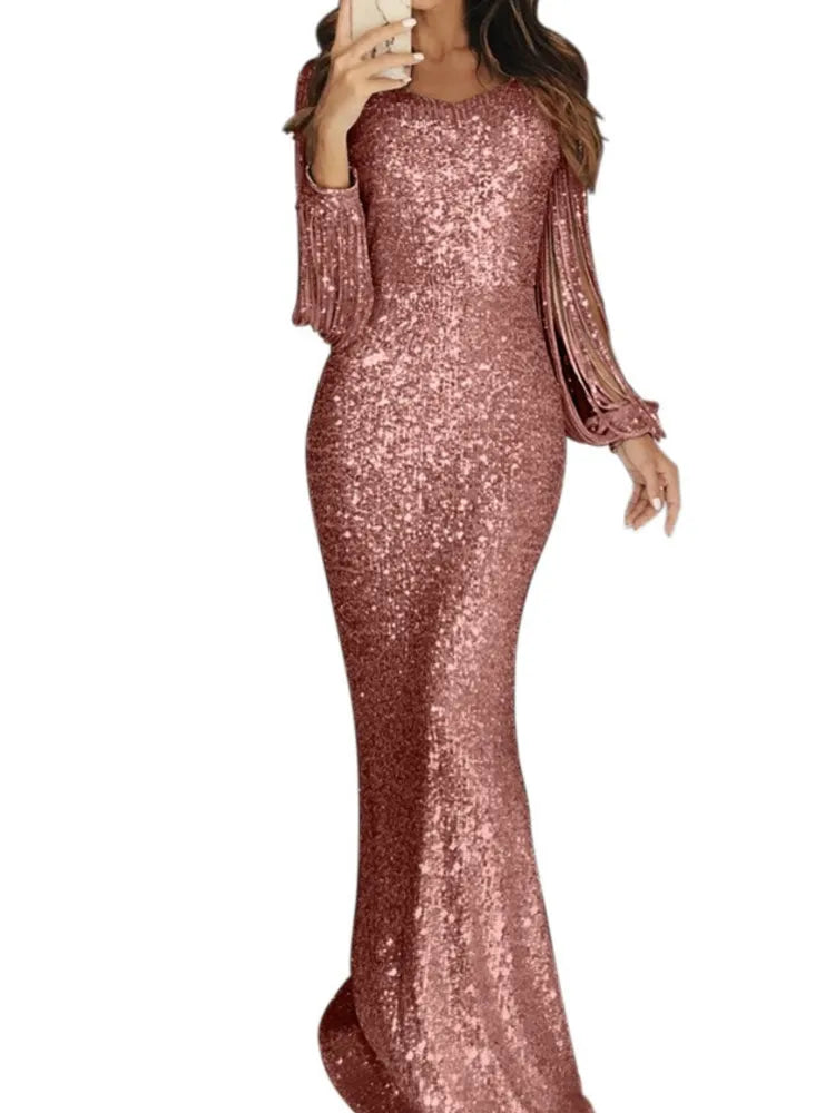Fashion Tassel Sequins Dress For Women Elegant Long Sleeve O Neck High Waist Package Hip Dresses Robe Femme Formal Evening Party - JN Fashion Fusion