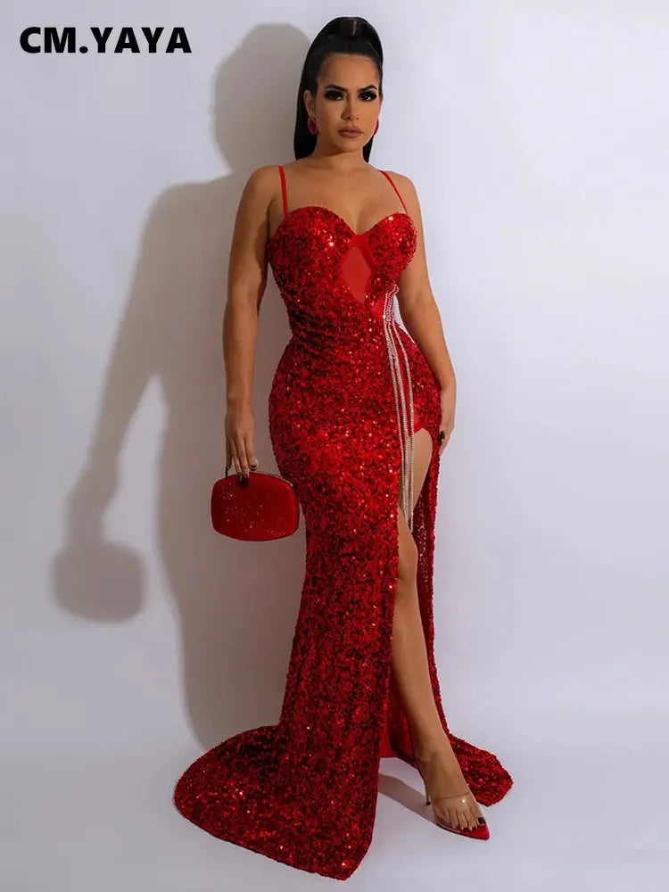 CM.YAYA Women Sequined Tassel Front Spaghetti Strap  Sleeveless High Side Slit  Maxi Long Dress 2023 Evening Sexy Party Dresses - JN Fashion Fusion