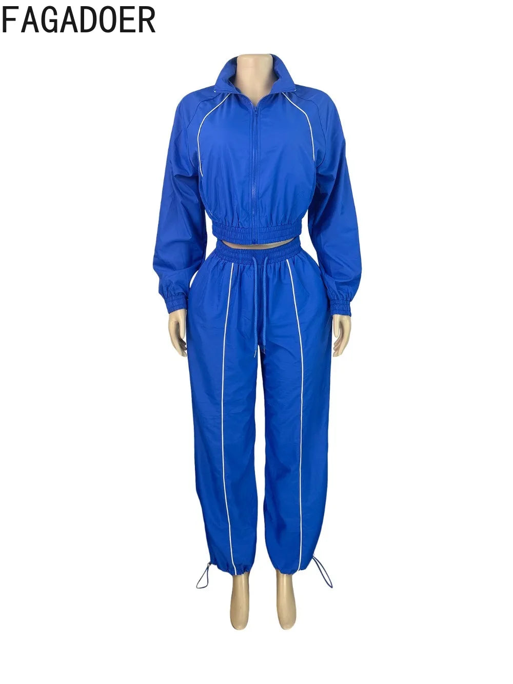 FAGADOER Casual Sports 2 Pieces Set for Woman Outfits Long Sleeve Stripe Patchwork Crop Jacket and Pants Female Streetwear New - JN Fashion Fusion