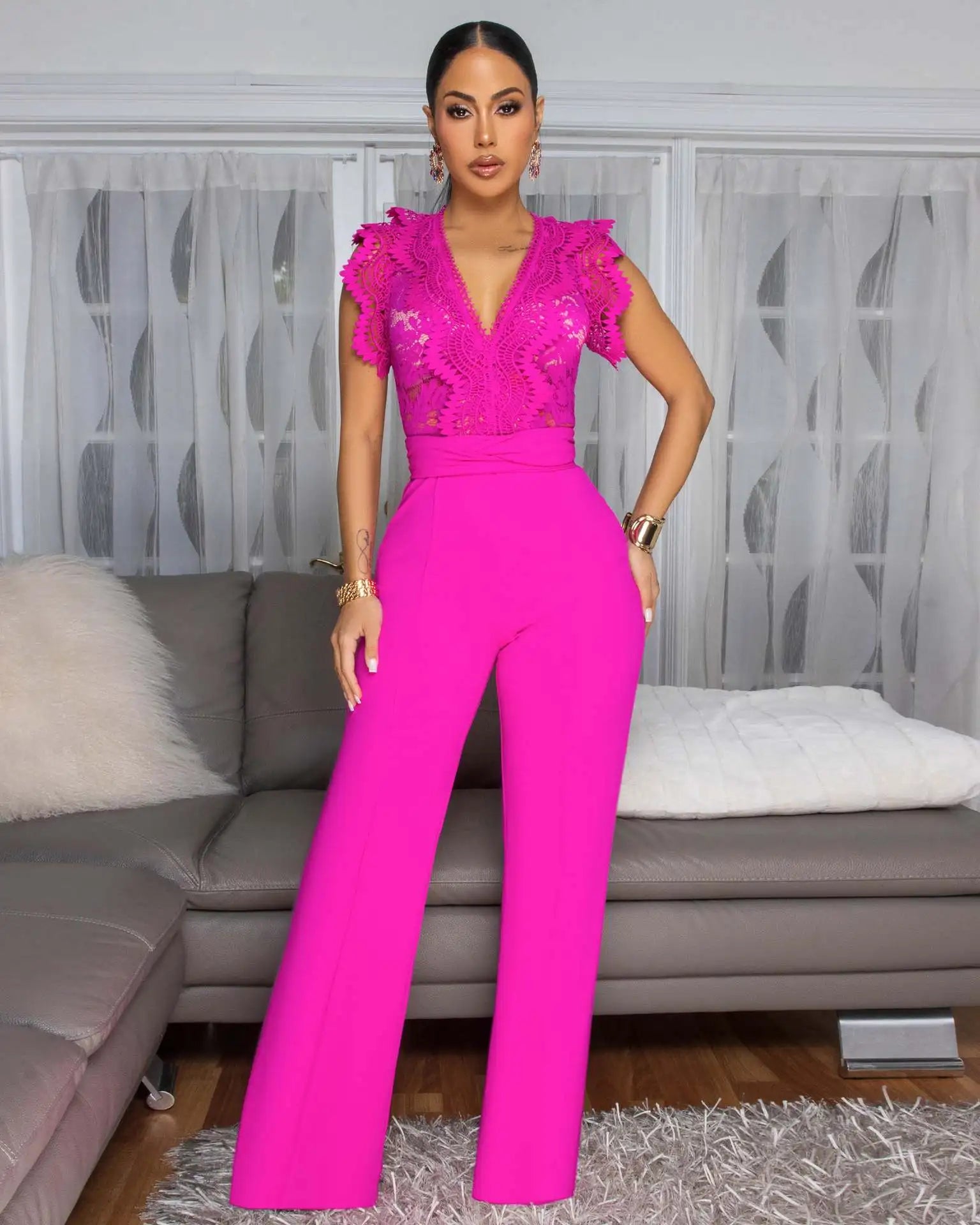 Women's Jumpsuit Elegant Lace V Neck Short Sleeve High Waisted Wide Leg Rompers Sports Fitness Party Banquet Jumpsuites Sexy Y2K