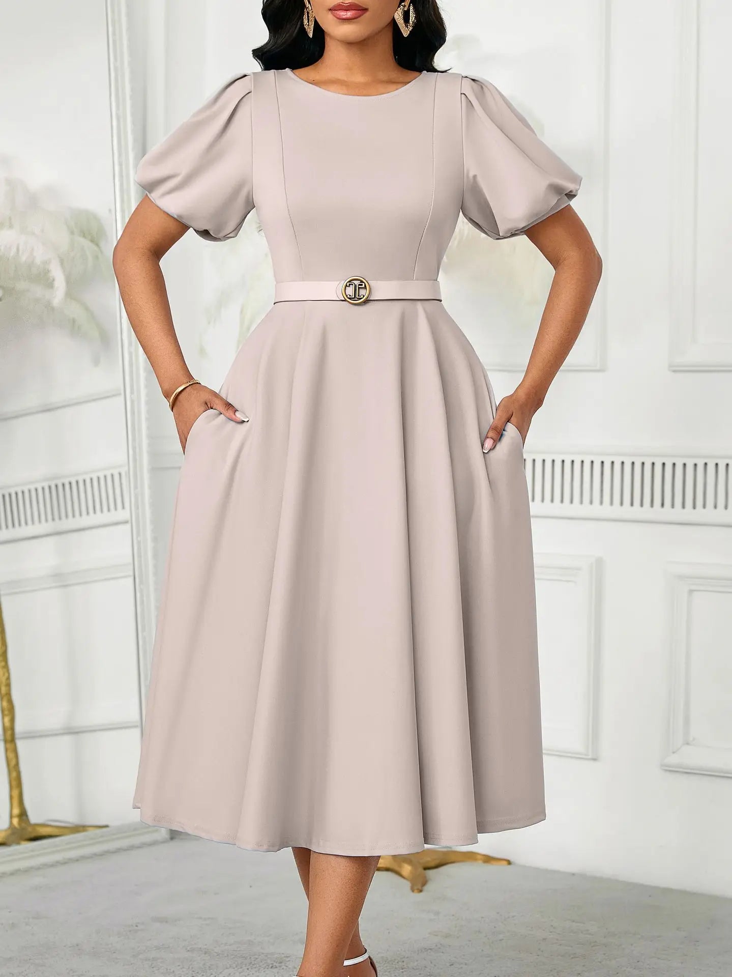 Women's Elegant High-Waisted Puffed Sleeve Summer Dress 2026 Solid Color round Neck Large Skirt Hem Fashionable Casual Dress