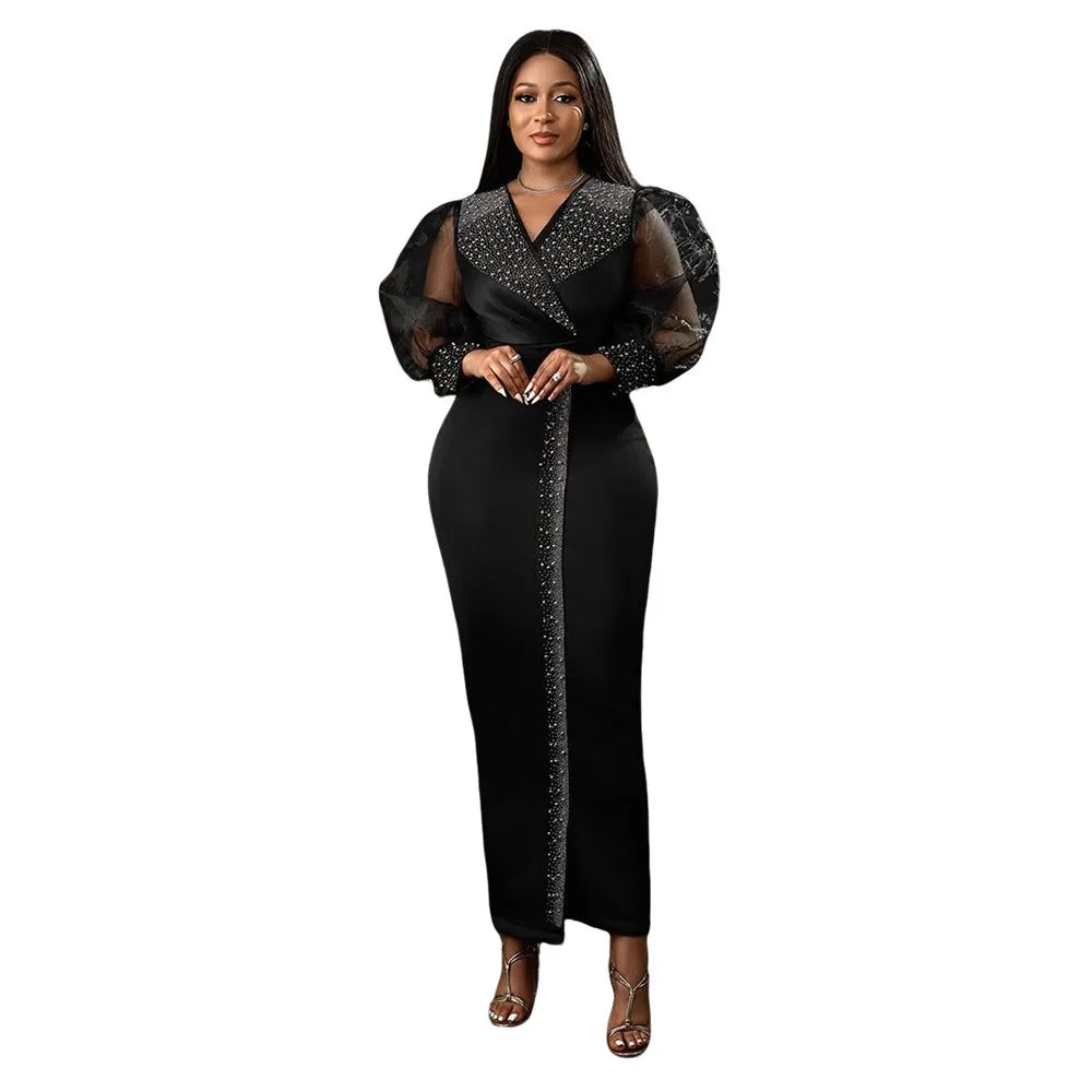 Sexy Nightclub Party Dance Gathering Club Banquet Rhinestone Puff Sleeve Stretch V-Neck Long Dress