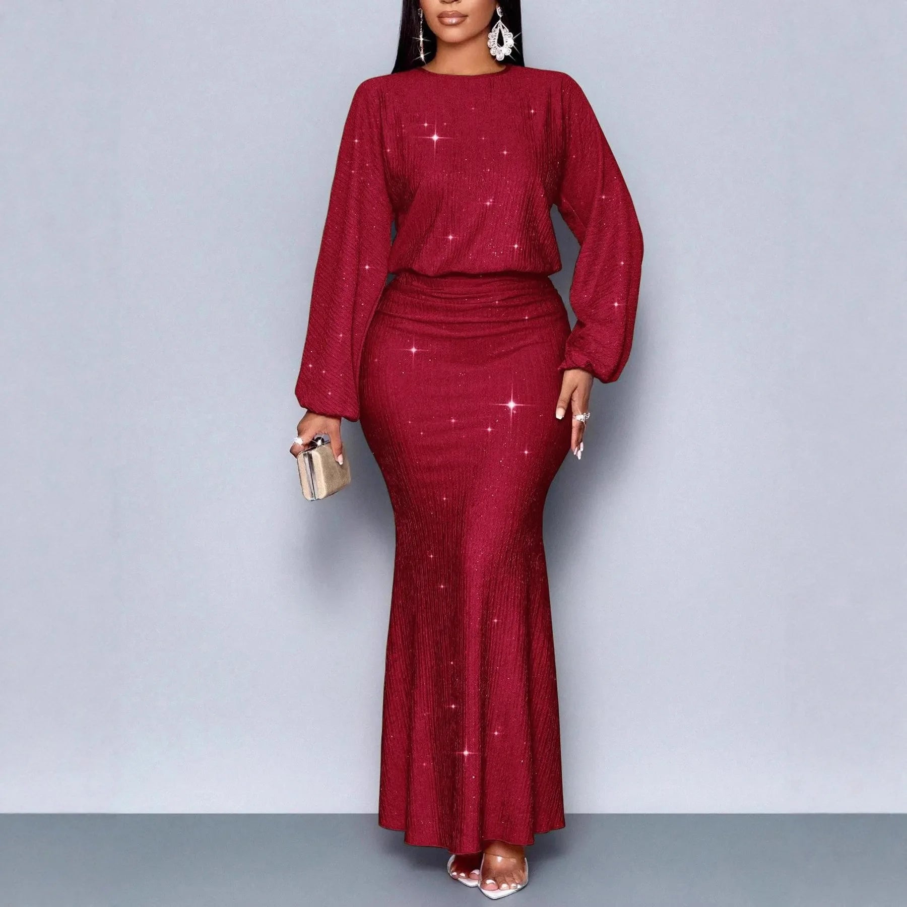 Fashion Shiny Women's Dress Spring Autumn O-neck  Long Sleeve Slim Hips Banquet Long Dress Female Pleated Party Fishtail Dresses - JN Fashion Fusion