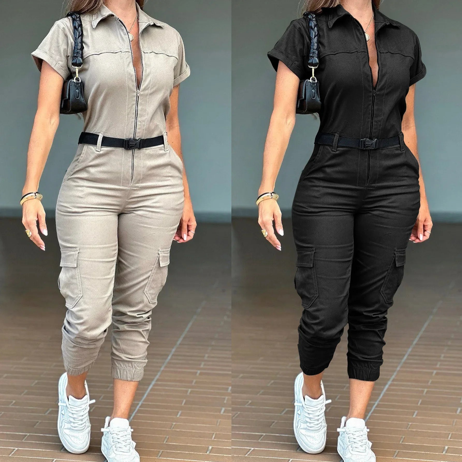 Sexy Women's Jumpsuit 2024 Summer New Fashion Zipper Workwear Short Sleeved Lapel Multi Pocket Waistband Bodysuit Pants Female - JN Fashion Fusion