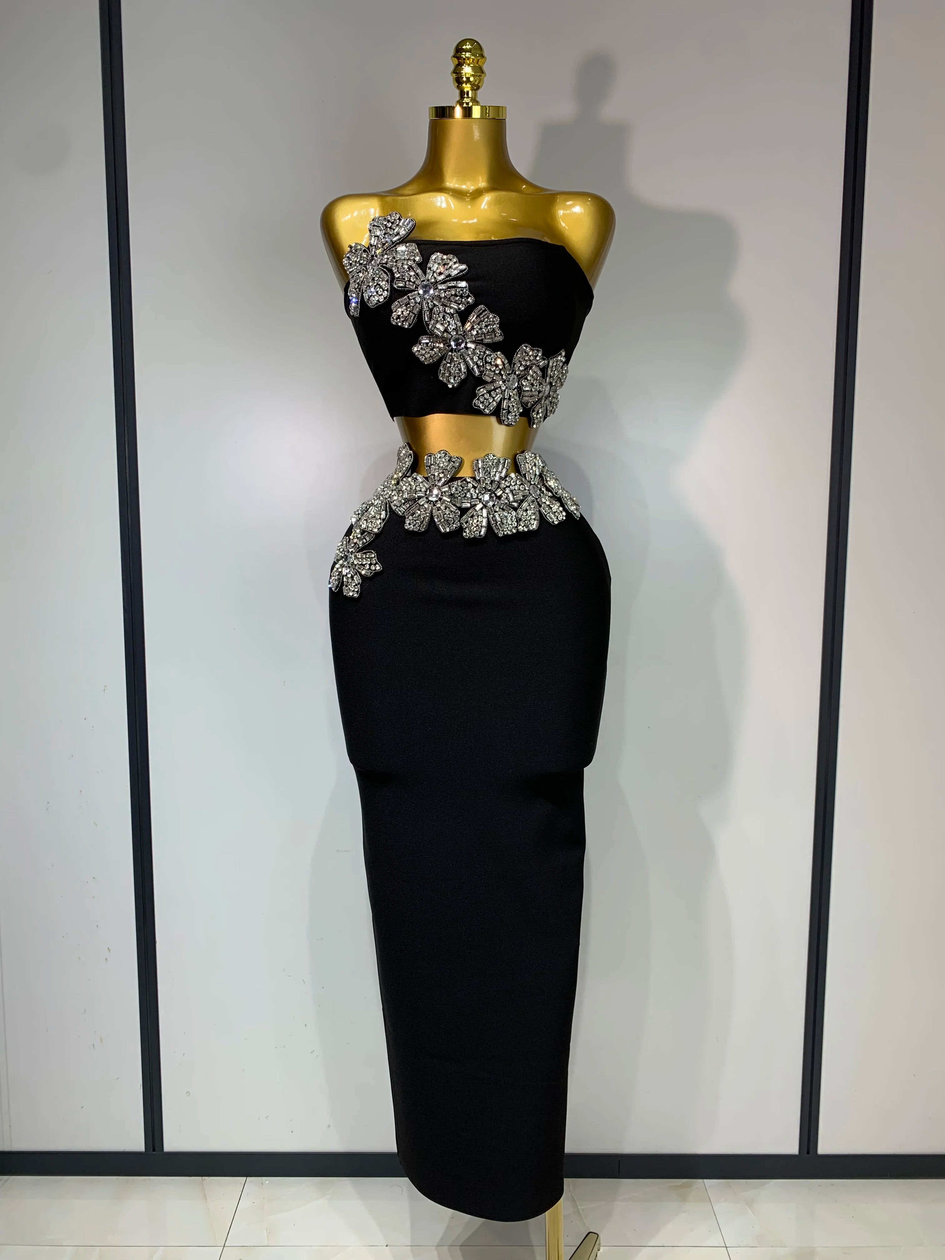 Women Sexy Strapless Flower Diamonds Black Maxi Long Bandage Two Piece Set 2025 Knitted Elegant Evening Club Party Prom Gowns - JN Fashion Fusion