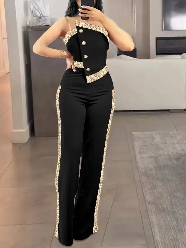 Women Contrast Sequin Jumpsuit Sexy Strapless Jumpsuits Lady Elegant Party 2025 Button Decor Casual Wide Leg Rompers - JN Fashion Fusion