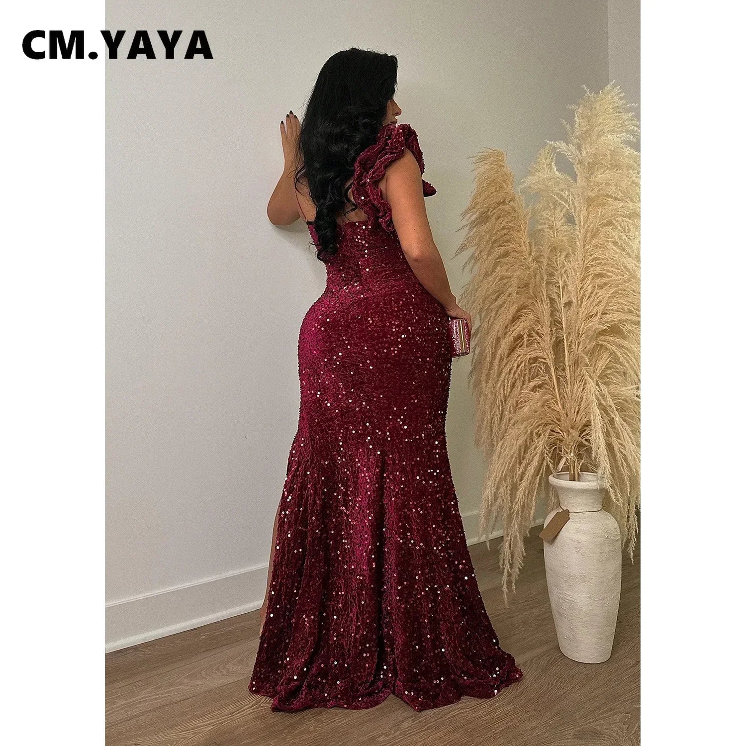 CM.YAYA Women One Shoulder Open Back Sequined High Side Split Mermaid Maxi Dress 2023 Sexy Club Evening Party Dresses Vestidos - JN Fashion Fusion