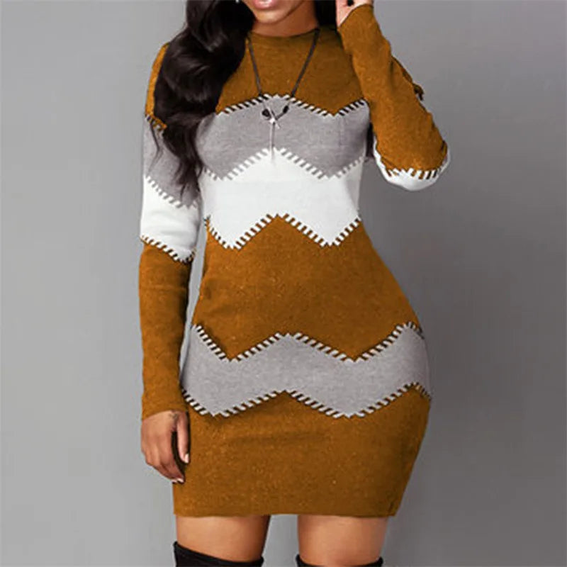 Women Elegant Patchwork Long Sleeve Warm Dress 2022 Autumn Winter Rib Knit Sweater Dress Casual Turtleneck Pullover Mini Dresses - JN Fashion Fusion