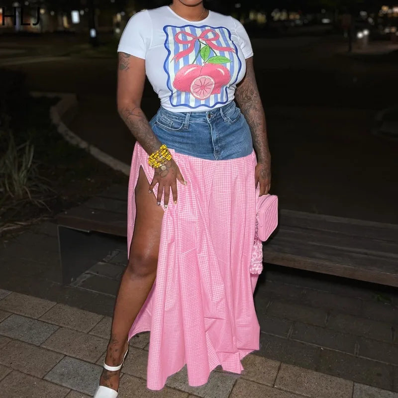 HLJ Y2K Streetwear Fashion Baddie 2 Piece Sets Outfits Hot Girl Short Sleeve T-shirt and Denim Patchwork Plaid Skirt Matching - JN Fashion Fusion