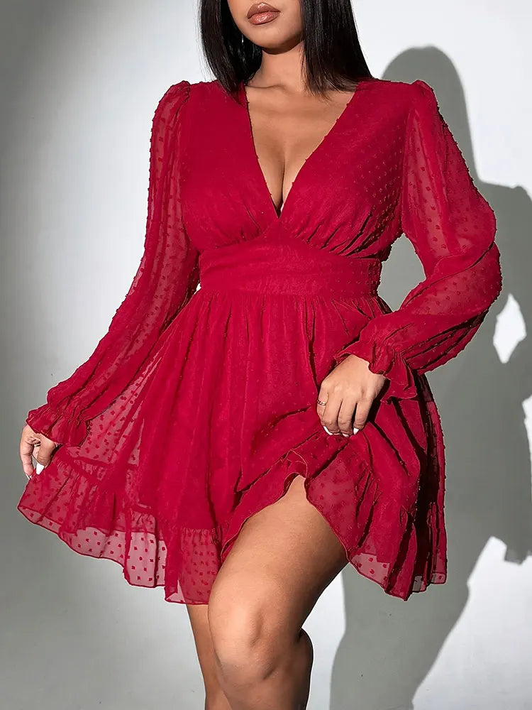 New Sexy V-Neck Short Dress Plus Size Solid Polka Dot Long-Sleeve American Slim A-Line Skirt Elegant Party Women's Evening Dress - JN Fashion Fusion