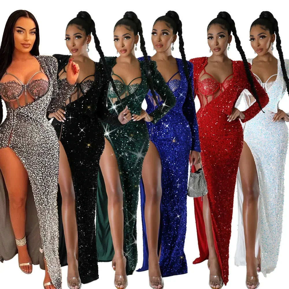 Two Piece Sets Bodysuit Sexy Women Sequin Dress Rompers Solid Slim Fit Sheath Full Sleeve Hip Wrap Dresses Set Party Gown - JN Fashion Fusion
