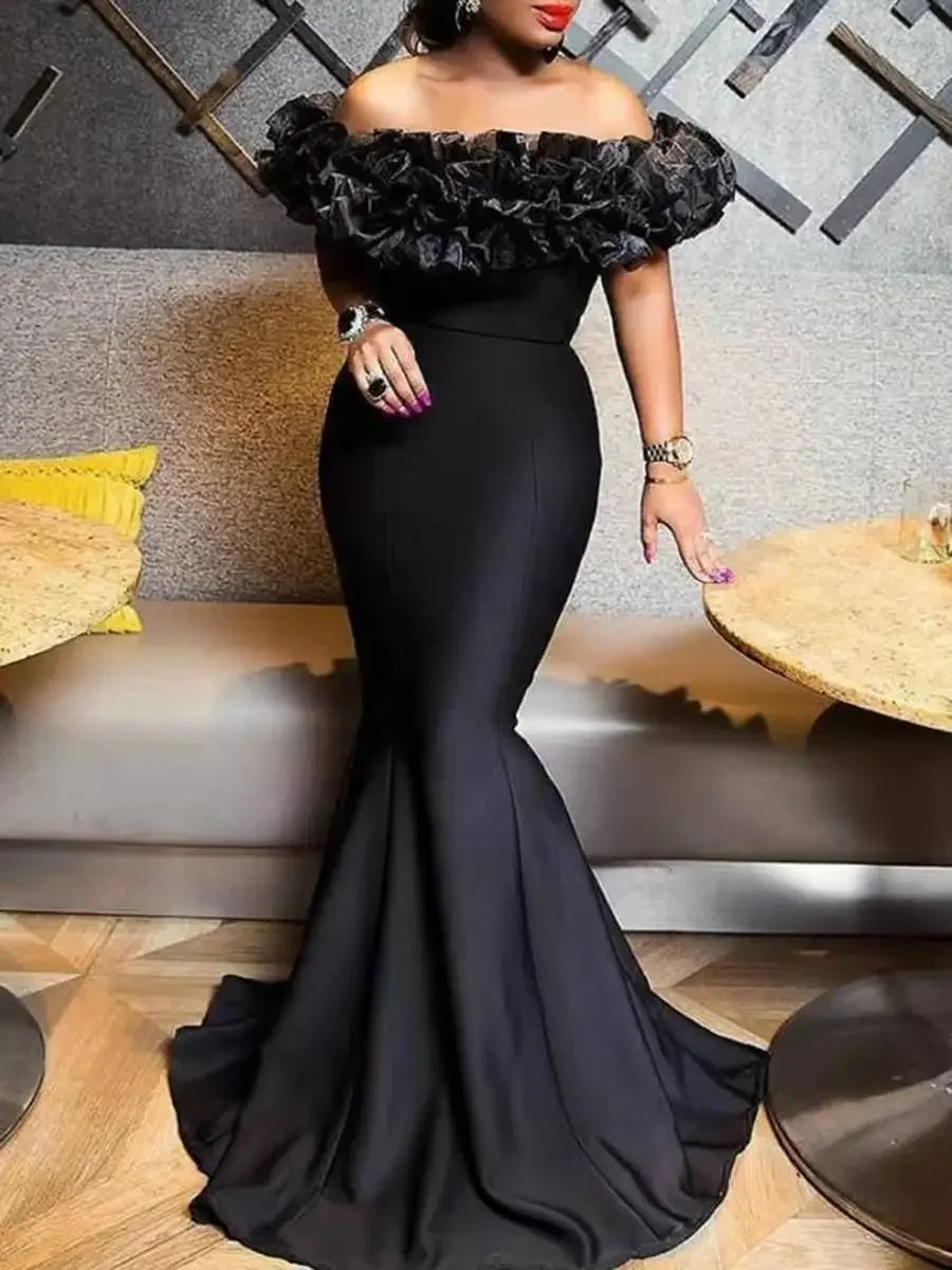 Elegant Evening Party Long Dresses Women Ruffles Off The Shoulder Slim Fit Mermaid Dress Solid Color - JN Fashion Fusion
