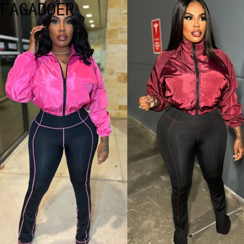 FAGADOER Autumn Winter Casual 2 Pieces Set for Woman Outfits Solid Color Long Sleeves Crop Top + Flared Pants Female Sportswear