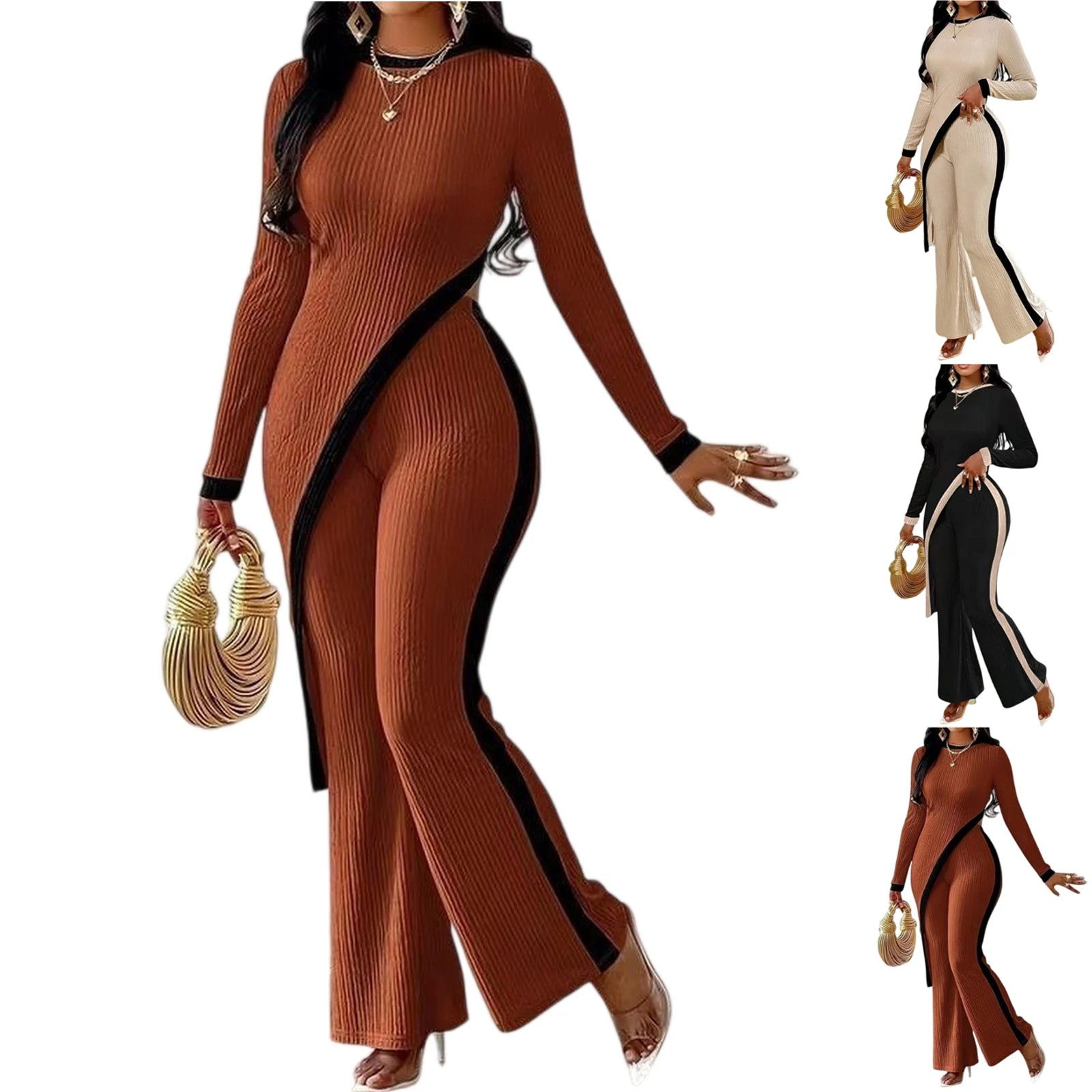 Side Slit Contrasting Long Sleeved Patchwork Pants Set Women'S Casual Suit Spring And Autumn Women'S Set - JN Fashion Fusion