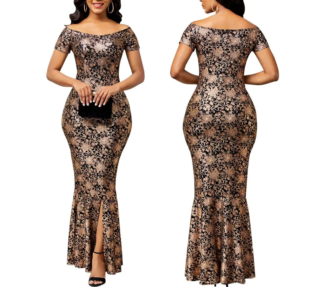 Vestidos Ladies Long Luxury Designer Classy Party Dress Off the Shoulder Short Sleeve Slit Maxi Long Dresse - JN Fashion Fusion
