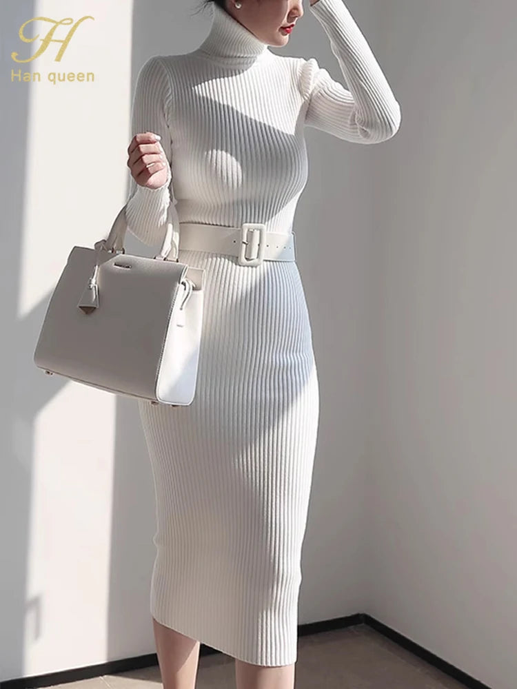 H Han Queen Knitted Turtleneck Sweater Bodycon Dress Bottoming Women Soft Elastic Autumn Winter Midi Party Dresses With Belt - JN Fashion Fusion
