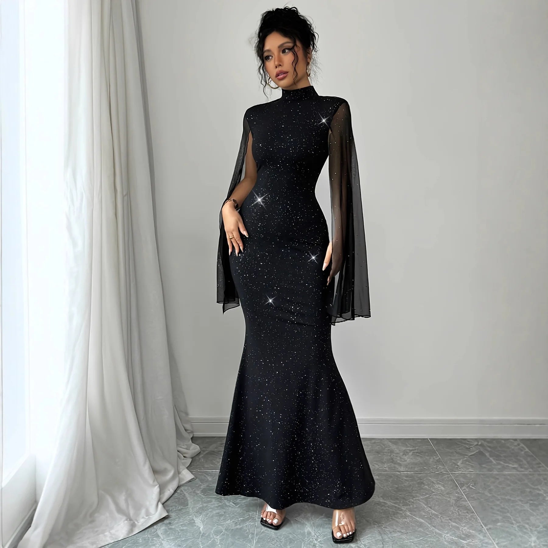 Shiny Cape Splicing Party Dress Women 2026 Spring Elegant Maxi Dresses for Women - JN Fashion Fusion