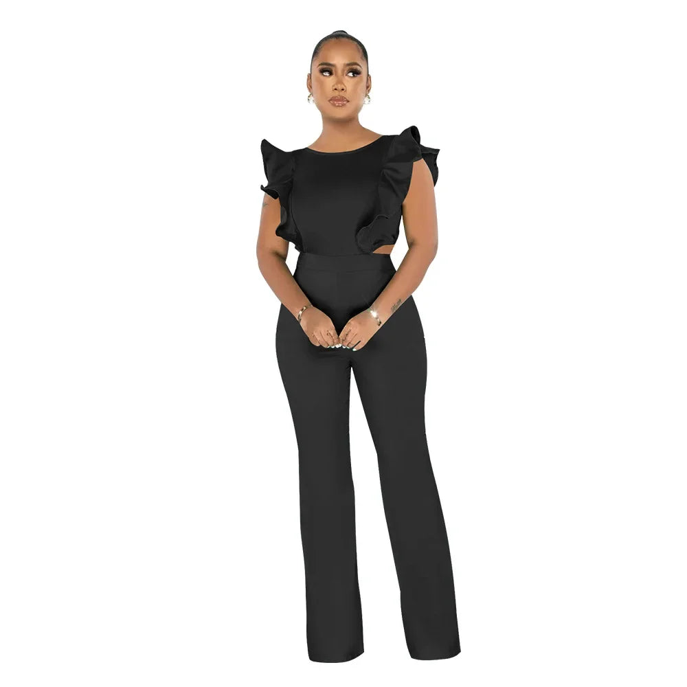 Solid Ruffled Sleeveless Jumpsuit Women Summer Rompers Bodysuits O Neck High Waist Wide Leg Pant Jumpsuit Streetwear Overalls - JN Fashion Fusion