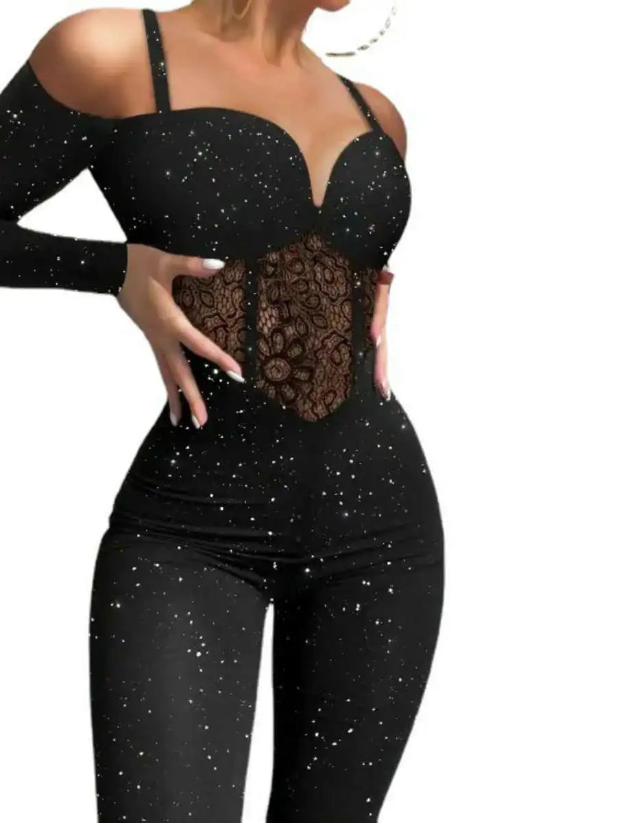 Fashionable Lace Hollow out One-Piece Pants Glittering Knitted Fabric Strap One-Piece Pants mid Waist Nine Points Pants
