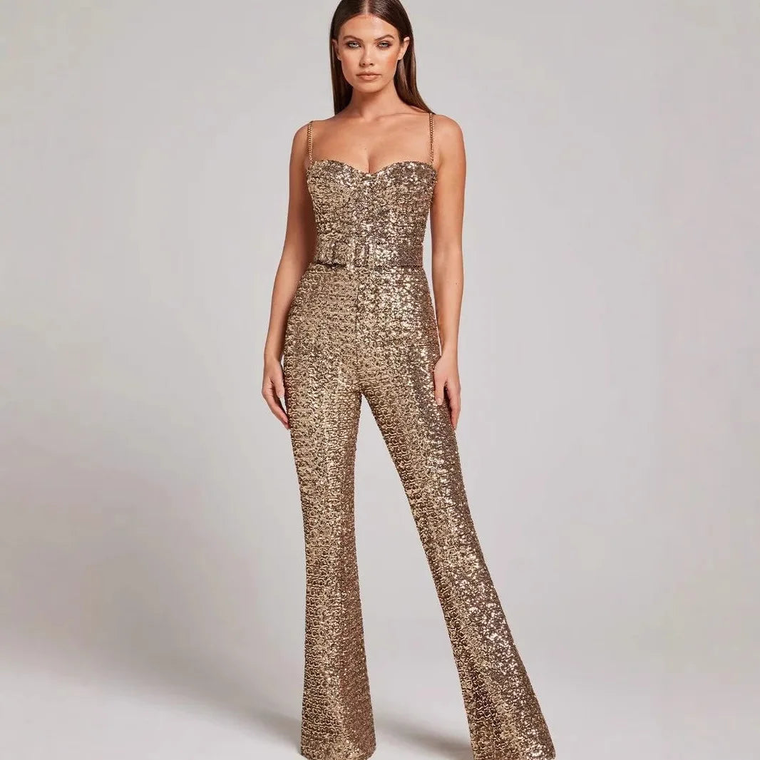 New Shiny Sequined Backless Banquet Jumpsuit Casual Women's Off Shoulder Summer Playsuit Fashion Sleeveless High Waist Rompers