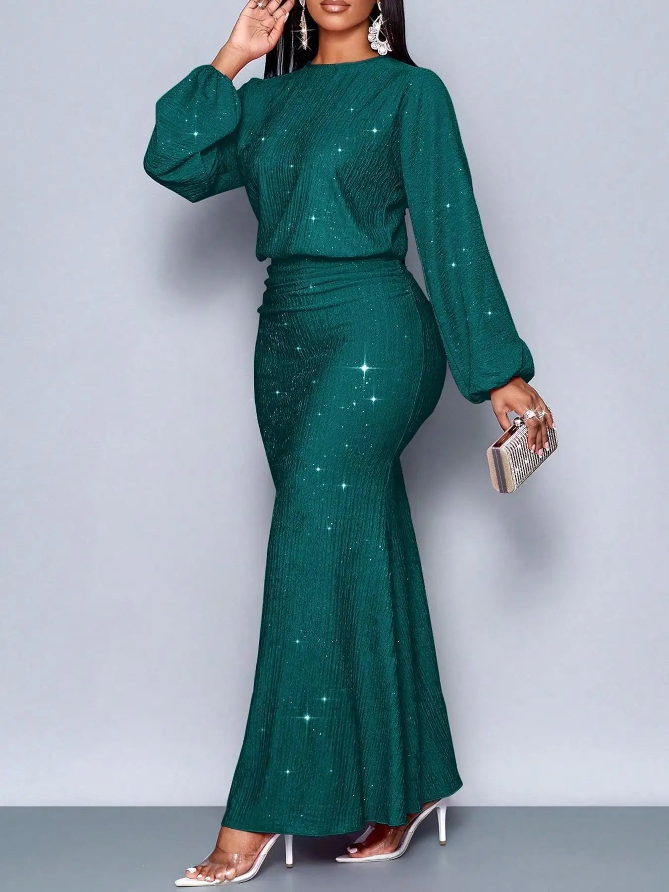 Elegant Long Sleeve Fish Tail Gown with Bead Embellishment And Pleats for Formal Occasions Polyester Lycra Blend Summer 2025