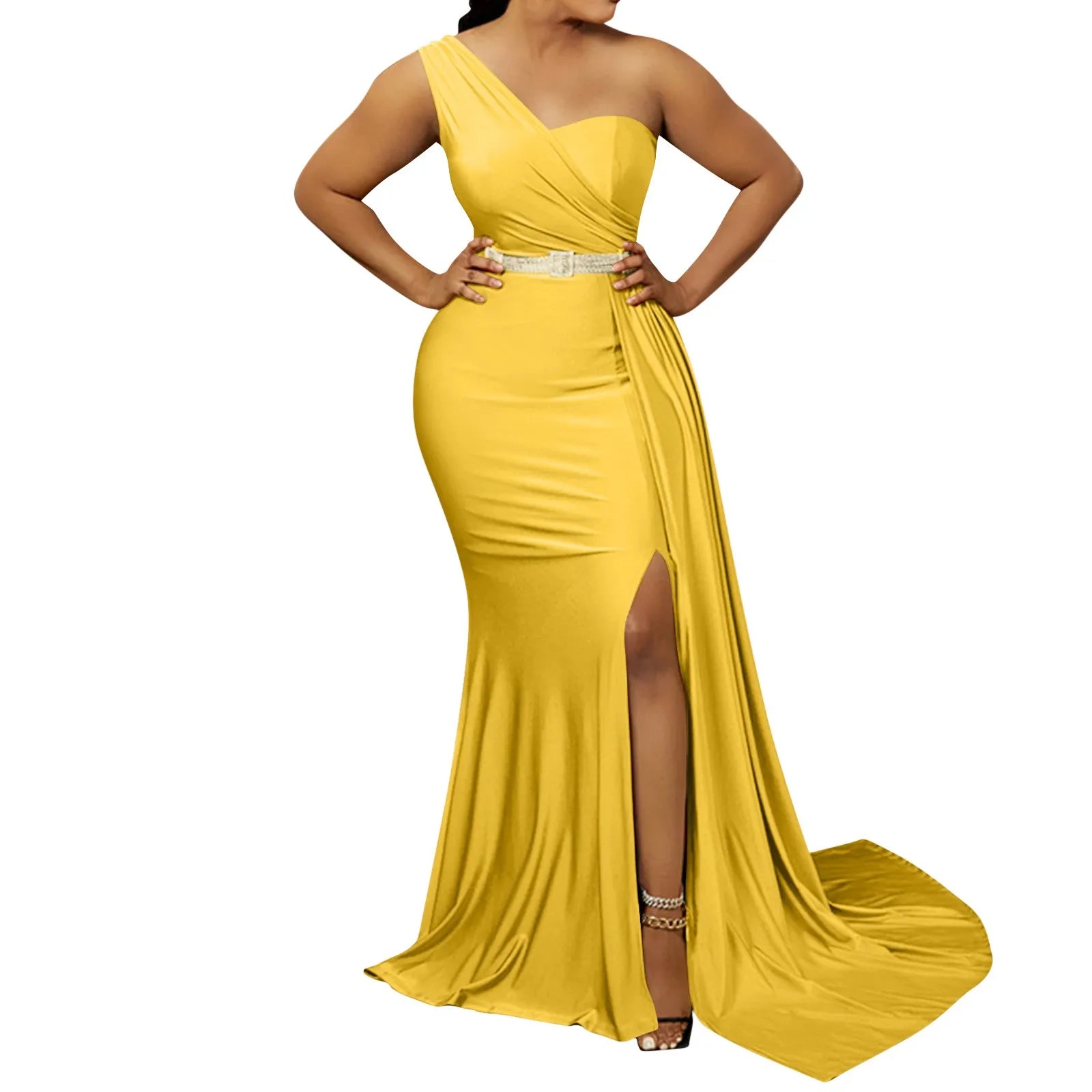 Yellow Women Sexy Bodycon Dresses Elegant One Shoulder Formal Party Event Evening Dress Female Side Slit African Gowns Vestidos - JN Fashion Fusion