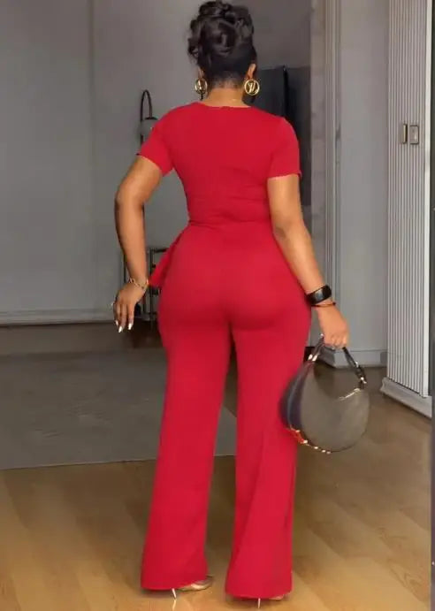 Jumpsuit Women 2026 New Spring Toggle Button Decor Round Neck Peplum Waist Overalls Casual Zipper Back Wide Leg Jumpsuit