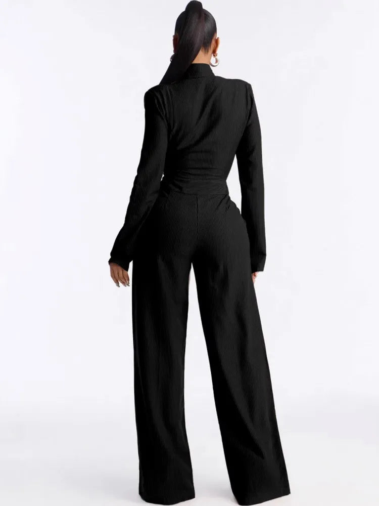 Solid Women Jumpsuits For Spring Summer Long Sleeve V-Neck Balck Jumpsuits Fashion Streetwear Overalls Pants Trousers 2026 - JN Fashion Fusion